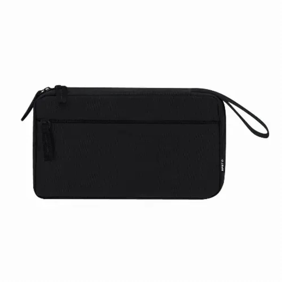 Black zippered wristlet pouch with a front pocket and a small tag on the side.