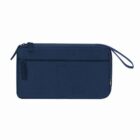 Navy blue zippered pouch with a wrist strap and front pocket on a white background.