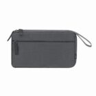 Gray rectangular zippered pouch with wrist strap and front pocket, on white background.