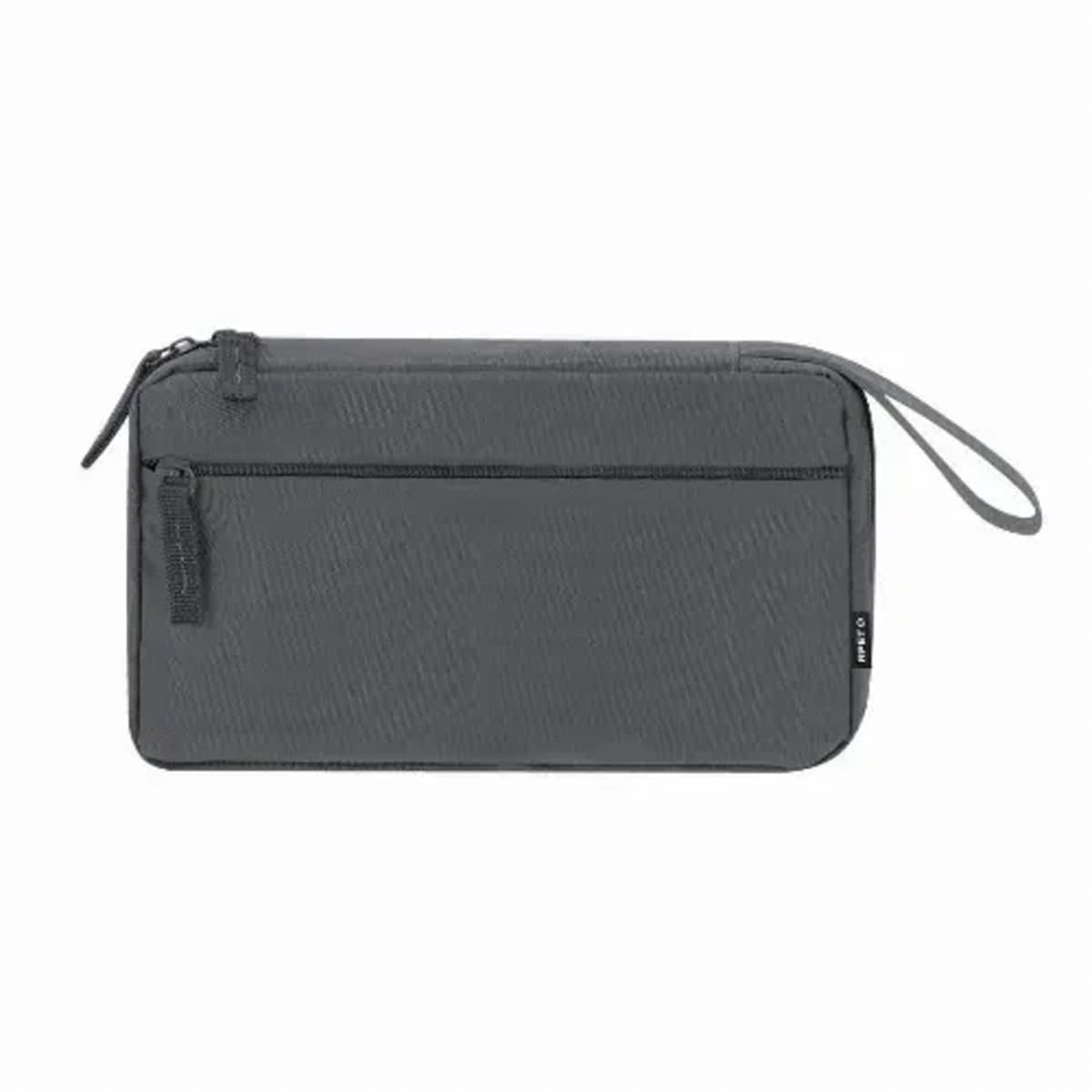Gray rectangular zippered pouch with wrist strap and front pocket, on white background.