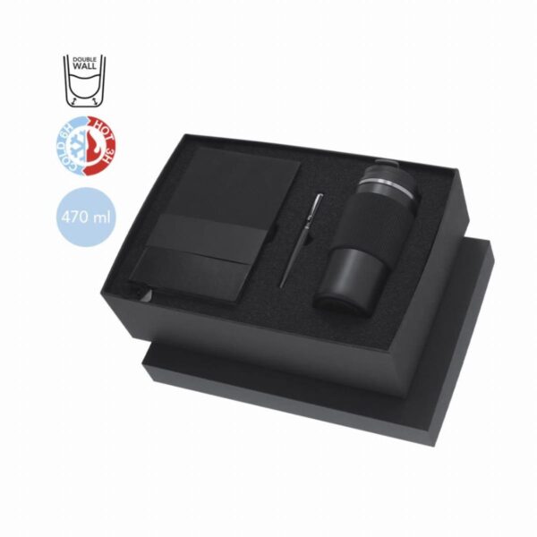 Black insulated tumbler gift set with accessories in an open box.