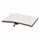 Open blank notebook with a black cover, laying flat on a white surface.