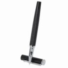Black fountain pen with silver accents, standing on its cap.