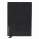 A closed black notebook with a textured cover against a white background.