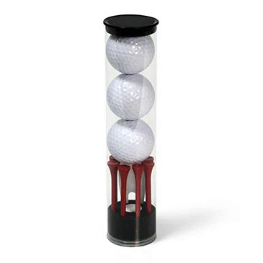 The 3 Ball Promotional Golf features a clear cylindrical display with three stacked white balls and neatly arranged red tees on a black base, topped with a black cap—ideal for any golf enthusiasts collection.