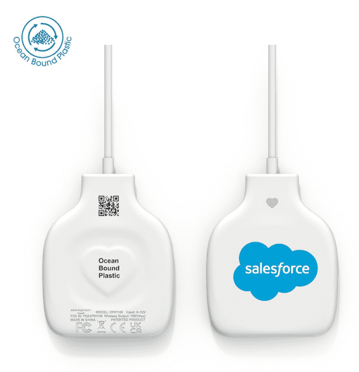 Two white dongles with QR codes and Salesforce logo on one side. Ocean Bound Plastic text.