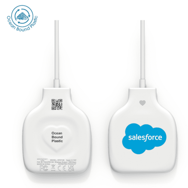 Two white chargers with Salesforce logo and Ocean Bound Plastic label.