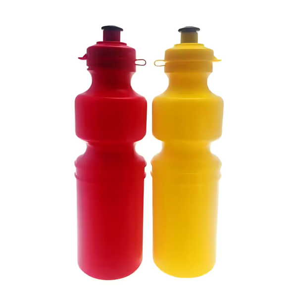 Two 750ml Fliptop Promotional Bottles, one red and one yellow, with a sleek fliptop design, are showcased side by side against a plain white background.