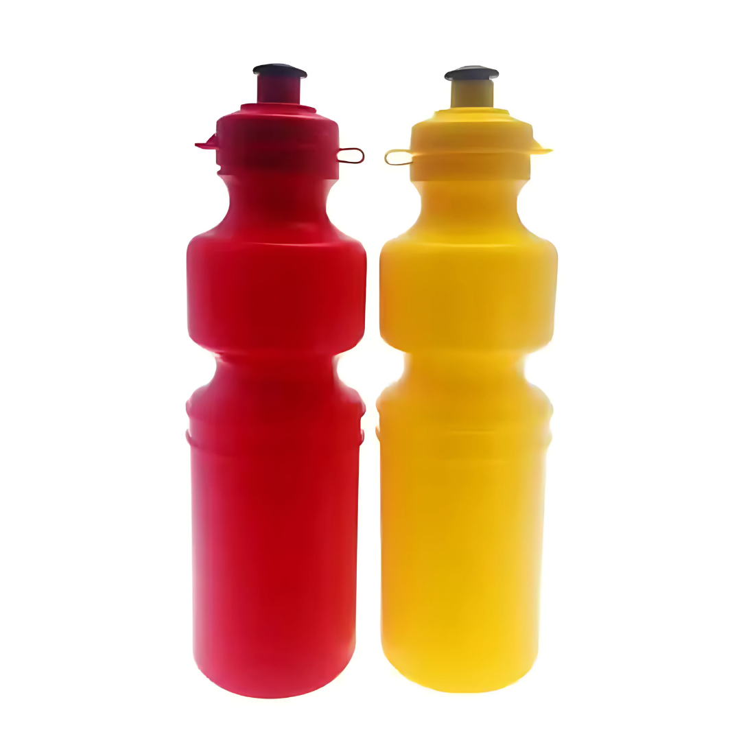 Two 750ml Fliptop Promotional Bottles, one red and one yellow, with a sleek fliptop design, are showcased side by side against a plain white background.