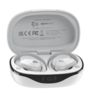 White wireless earbuds in a charging case with a digital display on the front.