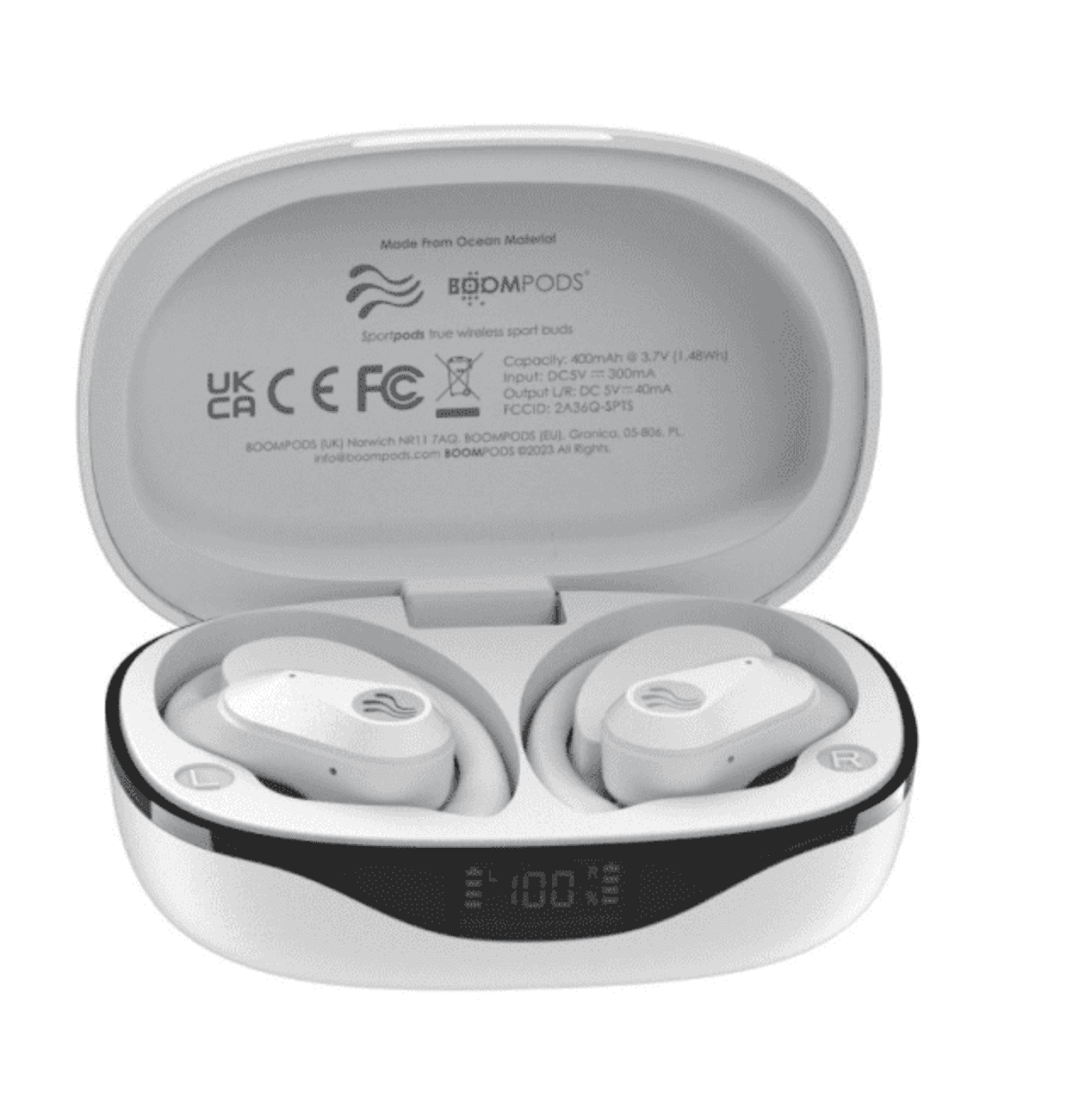 White wireless earbuds in a charging case with a digital display on the front.