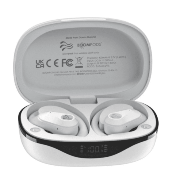 White wireless earbuds in an open charging case with a digital display on the front.