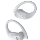 A pair of white wireless earbuds with ear hooks on a plain white background.