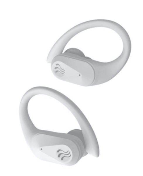 A pair of white wireless earbuds with ear hooks on a plain white background.