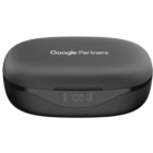 Black wireless earbud case with Google Partners text and a digital display on the front.