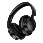 Black over-ear wireless headphones with a sleek design on a white background.