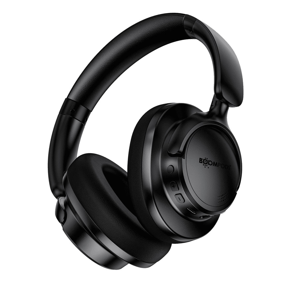 Black over-ear wireless headphones with a sleek design on a white background.