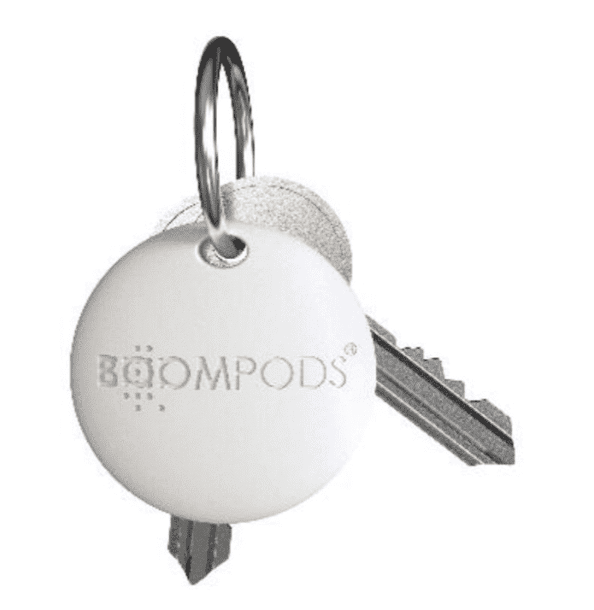 White keychain with BOOMPODS logo attached to two silver keys.