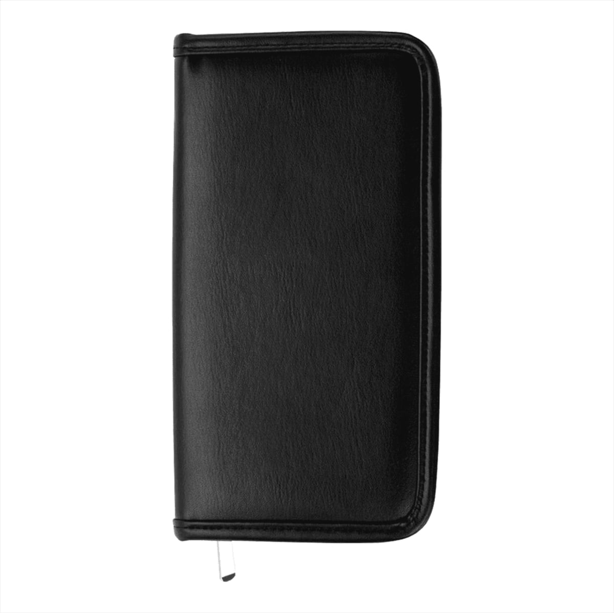 Black leather wallet closed, with a zipper on the side, against a white background.