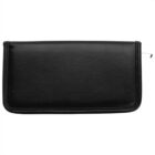 A black leather wallet with a zipper on the side.