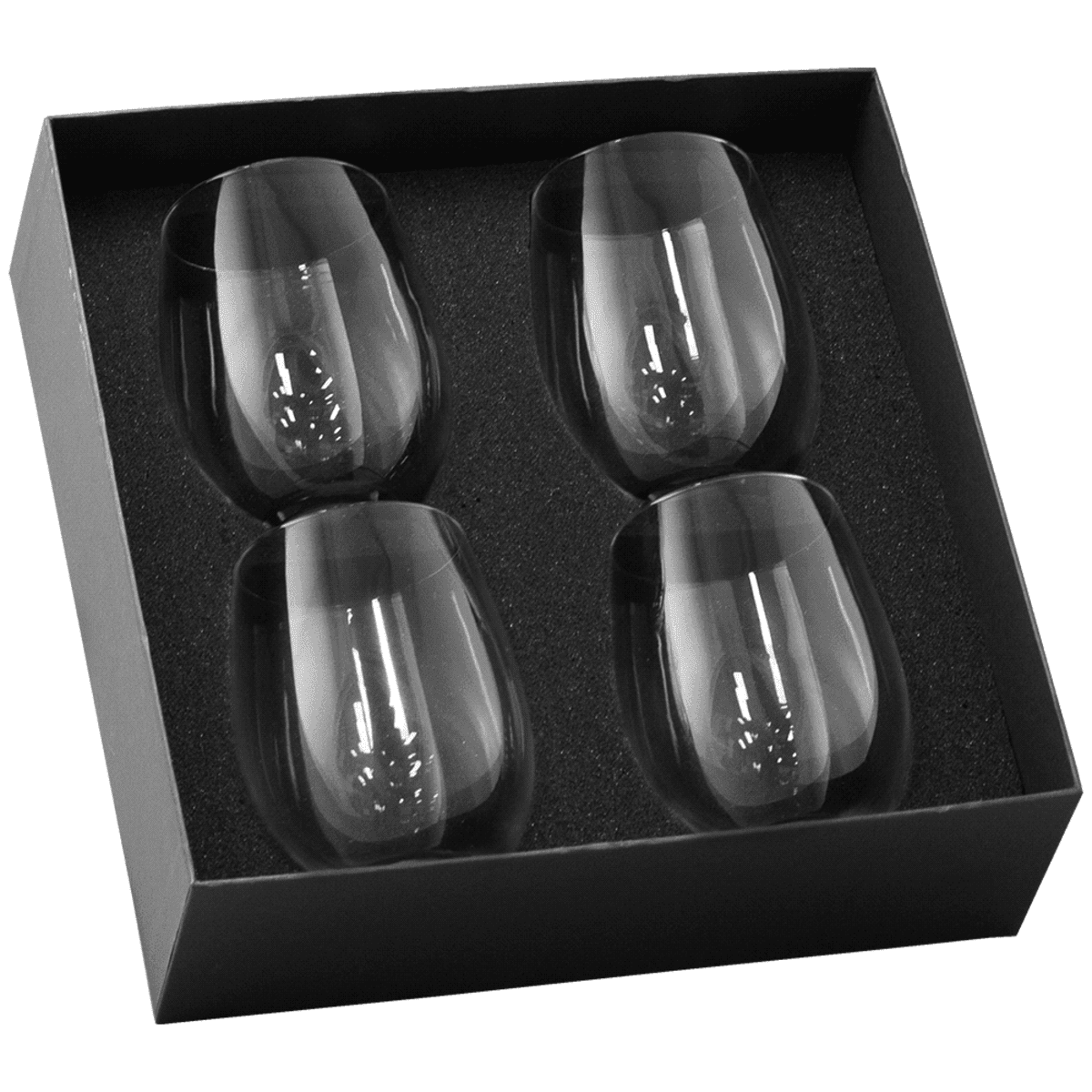 Four stemless wine glasses in a black foam-lined box.