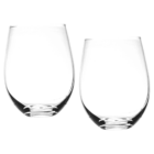 Two empty stemless wine glasses on a white background.