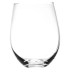 Clear, empty stemless wine glass against a plain white background.