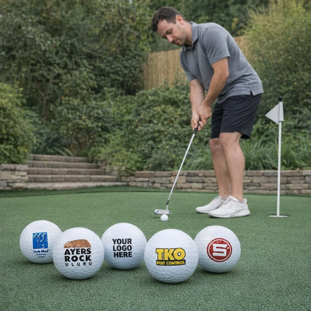 Man putting on grass with five Bridgestone Golf Balls lined up in the foreground.