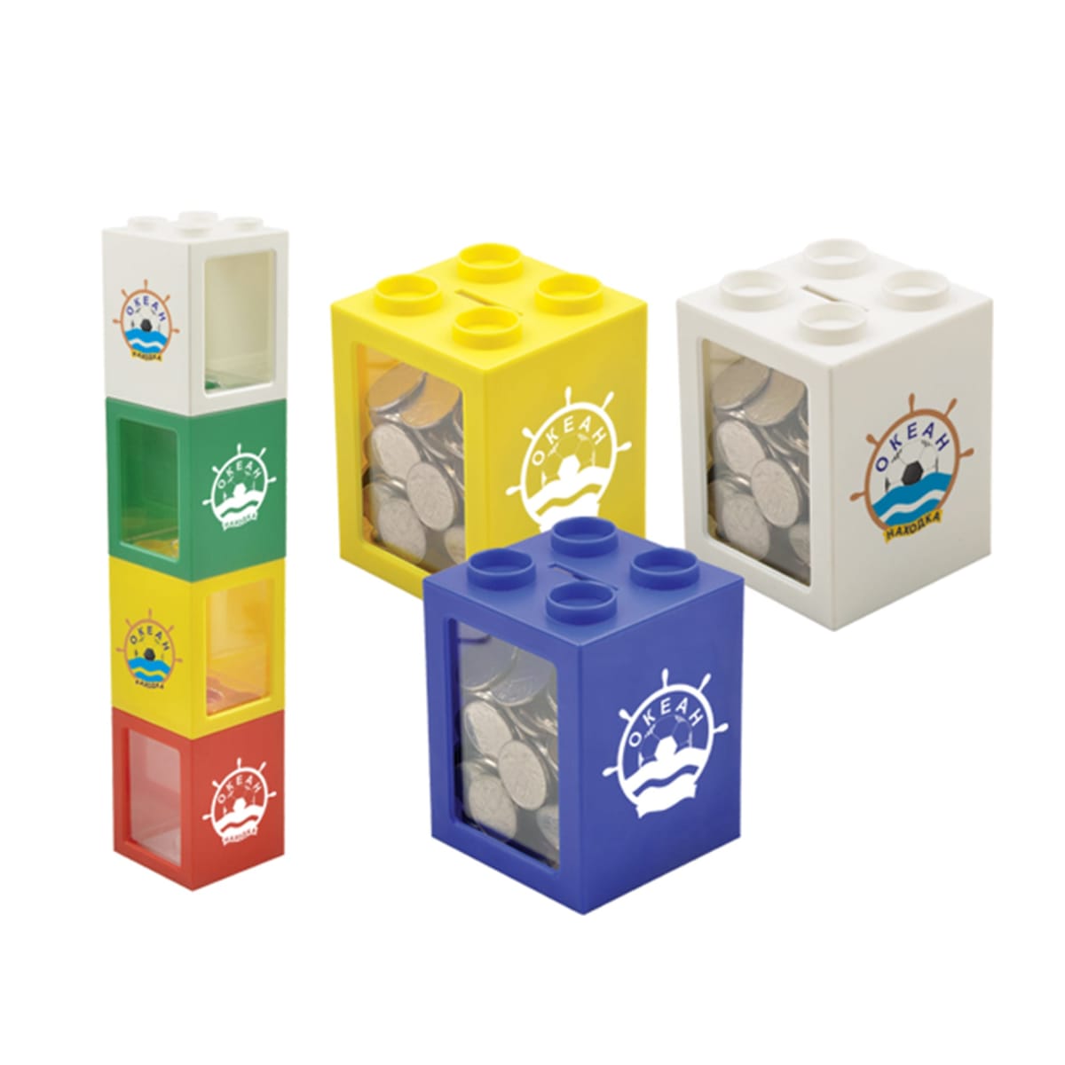 Colorful stackable-block piggy banks containing coins.