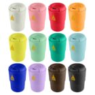 Twelve colorful reusable mugs with lids and logos arranged in a grid pattern.