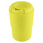 Bright yellow reusable coffee cup with a textured grip and secure lid.
