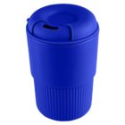 Blue reusable travel coffee cup with a ridged bottom and a sip lid.