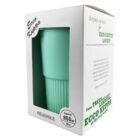 Eco-friendly mint green reusable cup in branded white packaging with text.