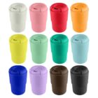 Twelve colorful reusable coffee cups with lids, arranged in rows.