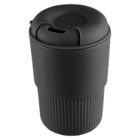 Black reusable coffee cup with a textured grip and closed lid.