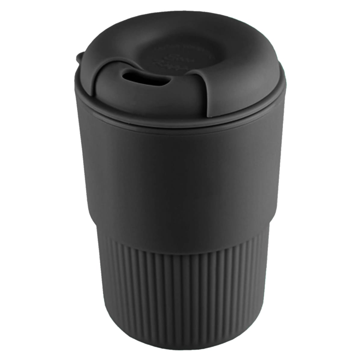 Black reusable coffee cup with a textured grip and closed lid.