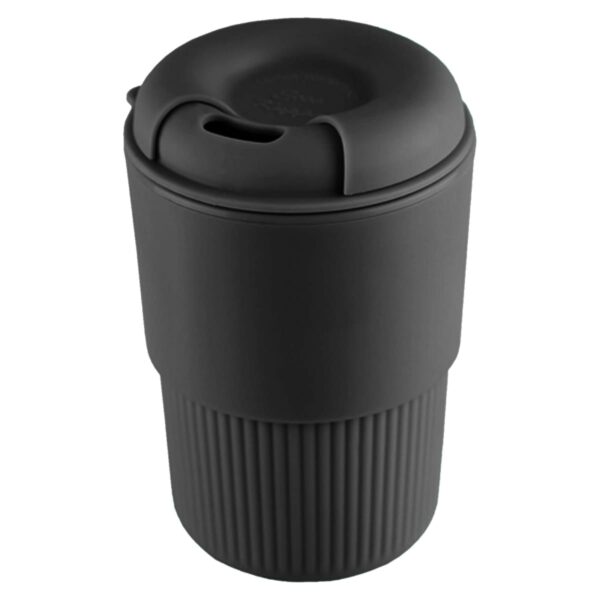 A black insulated coffee cup with a ridged base and a closed sipping lid.