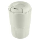 A white, reusable coffee cup with a lid and ribbed texture at the bottom.