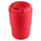 Red reusable coffee cup with a textured grip and secure lid.
