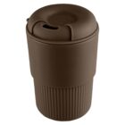 Brown reusable travel mug with a lid and ribbed grip.