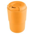 Orange reusable travel mug with a lid and ribbed design at the bottom.
