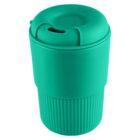 Green reusable coffee cup with ribbed design and a lid for sipping.