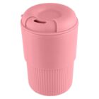 Pink reusable coffee cup with a ribbed bottom and a spout on its lid.
