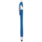 A blue and silver retractable pen with a clip.