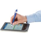 Hand using a stylus on a tablet screen displaying graphs and data.