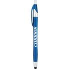 Blue Curioos pen with a silver tip and clip, featuring a stylus end.