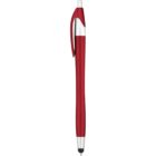 Red and silver ballpoint pen with a stylus tip, isolated on white background.