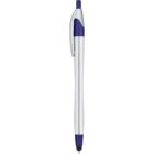 A silver and blue retractable ballpoint pen.