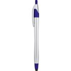Silver and blue retractable ballpoint pen with a clip, viewed from the side.