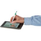 A hand using a stylus on a tablet with colorful buttons on the screen.